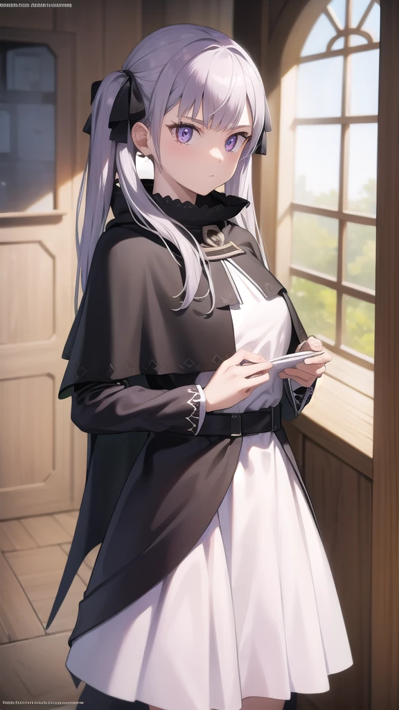 noellesilva, noelle silva, hair ribbon, long hair, (purple eyes:1.1), silver hair, twintails,
BREAK dress, white dress, capelet, skirt, purple skirt, (black capelet:1.5),
BREAK looking at viewer,
BREAK indoors,
BREAK (masterpiece:1.2), best quality, high resolution, unity 8k wallpaper, (illustration:0.8), (beautiful detailed eyes:1.6), extremely detailed face, perfect lighting, extremely detailed CG, (perfect hands, perfect anatomy), full body, standing, hand down