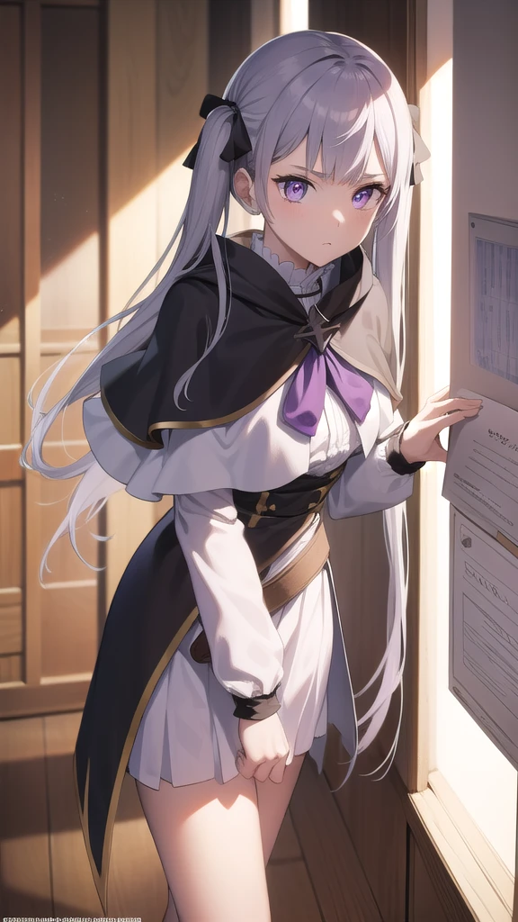 noellesilva, noelle silva, hair ribbon, long hair, (purple eyes:1.1), silver hair, twintails,
BREAK dress, white dress, capelet, skirt, purple skirt, (black capelet:1.5),
BREAK looking at viewer,
BREAK indoors,
BREAK (masterpiece:1.2), best quality, high resolution, unity 8k wallpaper, (illustration:0.8), (beautiful detailed eyes:1.6), extremely detailed face, perfect lighting, extremely detailed CG, (perfect hands, perfect anatomy), full body, standing, hand down