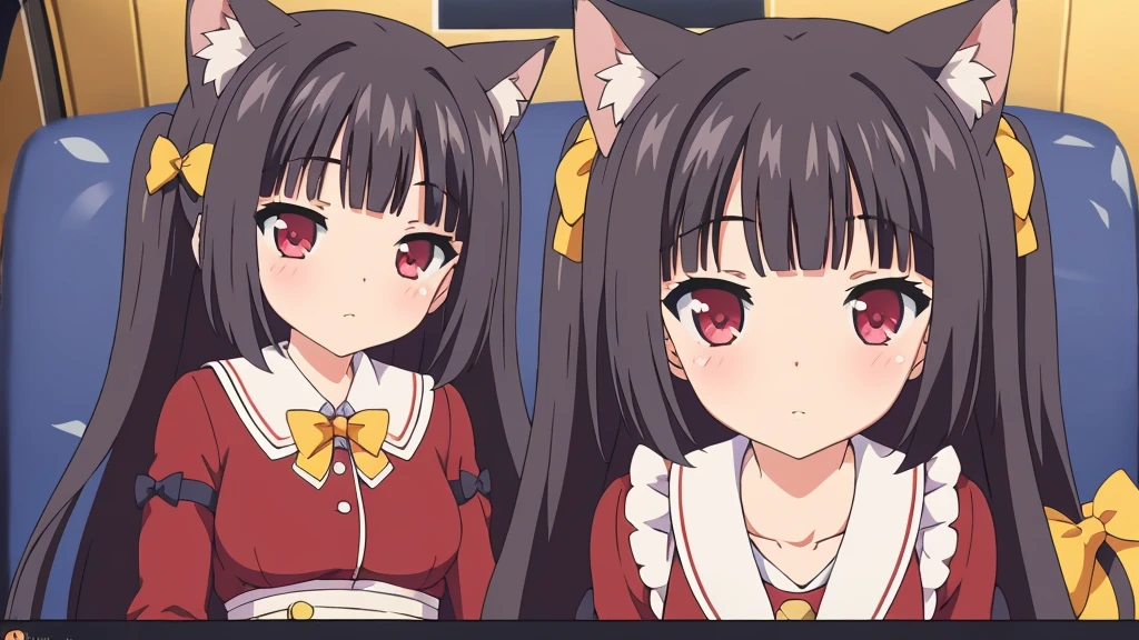 1 girl, Alone, Brown hair, animal ears, cola, cat ears, cat cola, bow, old, two sides up, long sleeves, maid headvestido, Bell, jingle Bell, food, short hair, short dress mini skirt, small old, puffy sleeves, bowtie, cat girl, steering wheels, juliet sleeves, animal ear fluff, hits, apron, hair bow, clothing trimming, strawberry, blush, clavicle