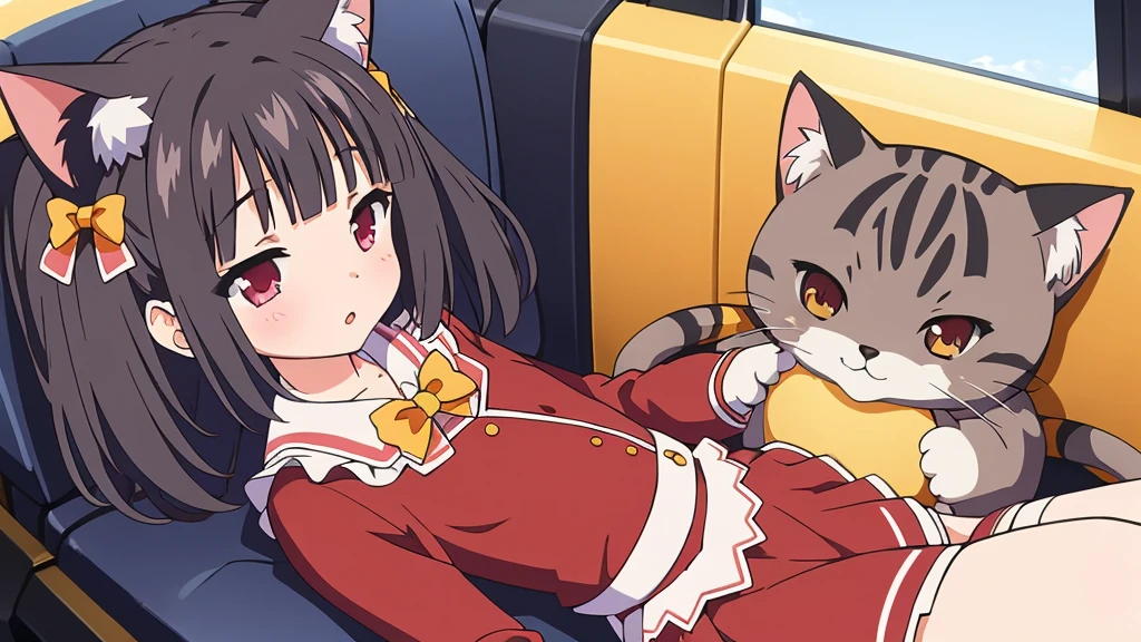 1 girl, Alone, Brown hair, animal ears, cola, cat ears, cat cola, bow, old, two sides up, long sleeves, maid headvestido, Bell, jingle Bell, food, short hair, short dress mini skirt, small old, puffy sleeves, bowtie, cat girl, steering wheels, juliet sleeves, animal ear fluff, hits, apron, hair bow, clothing trimming, strawberry, blush, clavicle