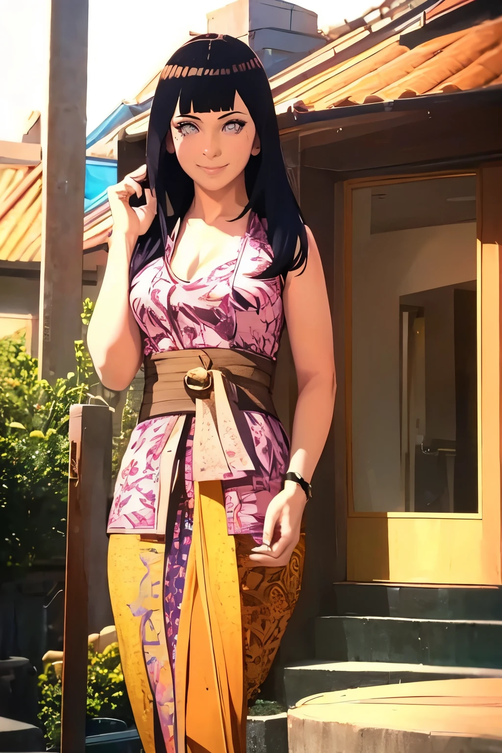 hinata, medium tits, cleavage, gapura bali background, black hair, smile, kebaya, upperbody, high resolution, 