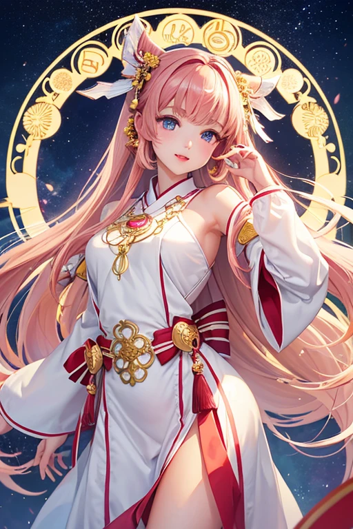 Highest quality、Highest quality、Masterpiece、woman1people、Shiny white shrine maiden outfit、Golden embroidery、Perfect body line、Adorable poses、Realistic、Glowing Skin、Groomed eyebrows、Pink Lips、Brown Hair、Blue Eyes、Twin tails、delicate、Shiny Hair、detailed、Shrine maiden's costume fluttering in the wind、Pink band、Light purple robe、Japanese style、dance、The background is the starry sky and the sea、