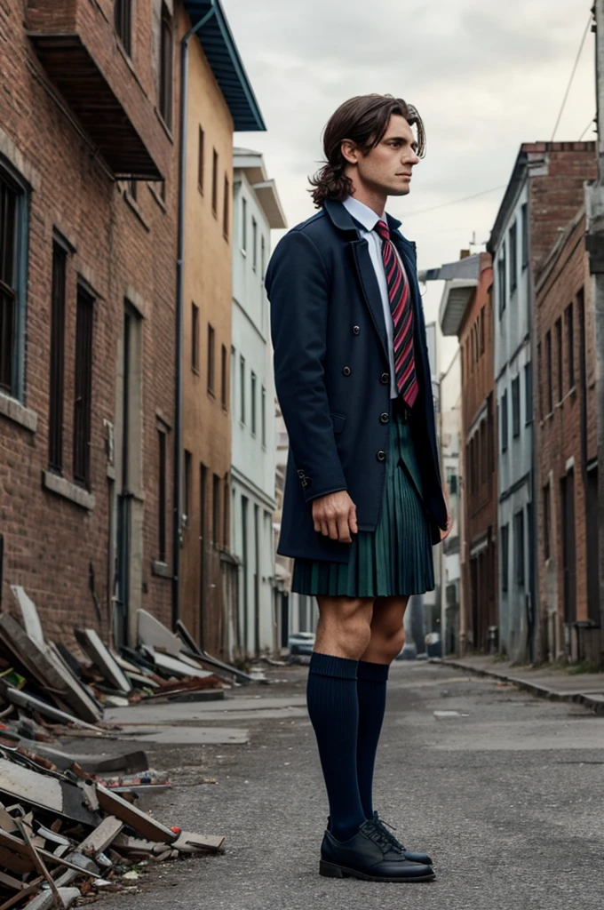 The background of a street full of buildings and houses in ruins and that is alone. The protagonist who looks sad or tired, He has long dark brown hair, light green eyes and wears a , which consists of a long navy blue jacket, The tie is red with blue stripes and the collar of the jacket is red and a dark navy blue pleated skirt. The uniform also includes a pair of black knee-high socks. The perspective of the image that walks from the profile on the left side and that looks as human as possible.