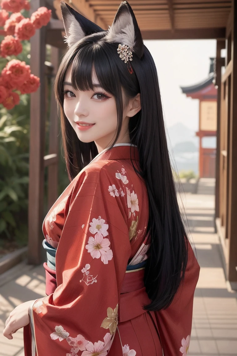 high resolution、beautiful girl、beautiful、smile、Beautiful black hair、Straight long hair down to the back、Red eyes、Japanese style makeup、red kimono with floral print、Black fox ears、A fox's tail growing from its buttocks、shrine、torii、night、Starry Sky、Fantasy、Blue fox fire、Horror