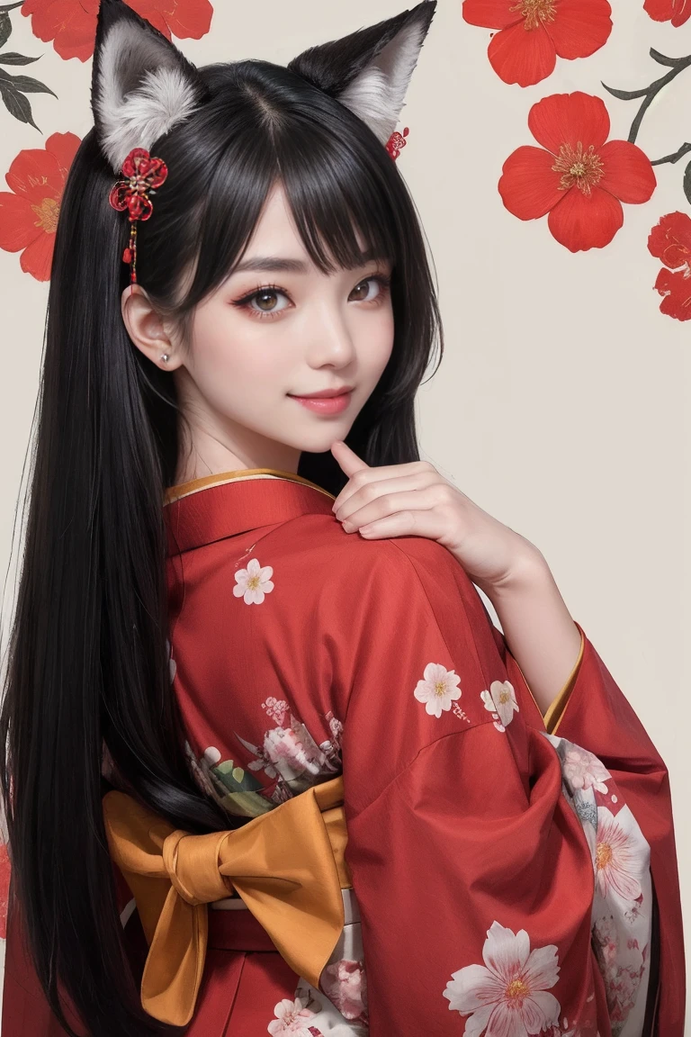 high resolution、beautiful girl、beautiful、smile、Beautiful black hair、Straight long hair down to the back、Red eyes、Japanese style makeup、red kimono with floral print、Black fox ears、A fox's tail growing from its buttocks、shrine、torii、night、Starry Sky、Fantasy、Blue fox fire、Horror