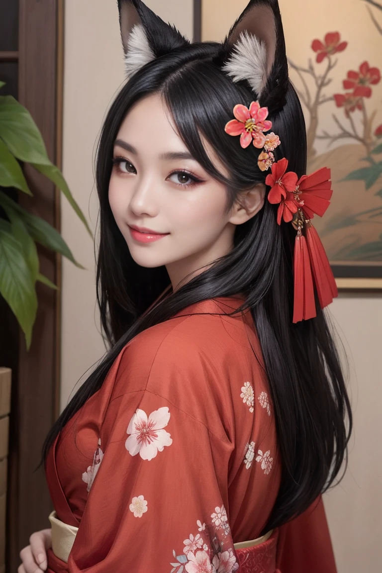 high resolution、beautiful girl、beautiful、smile、Beautiful black hair、Straight long hair down to the back、Red eyes、Japanese style makeup、red kimono with floral print、Black fox ears、A fox's tail growing from its buttocks、shrine、torii、night、Starry Sky、Fantasy、Blue fox fire、Horror