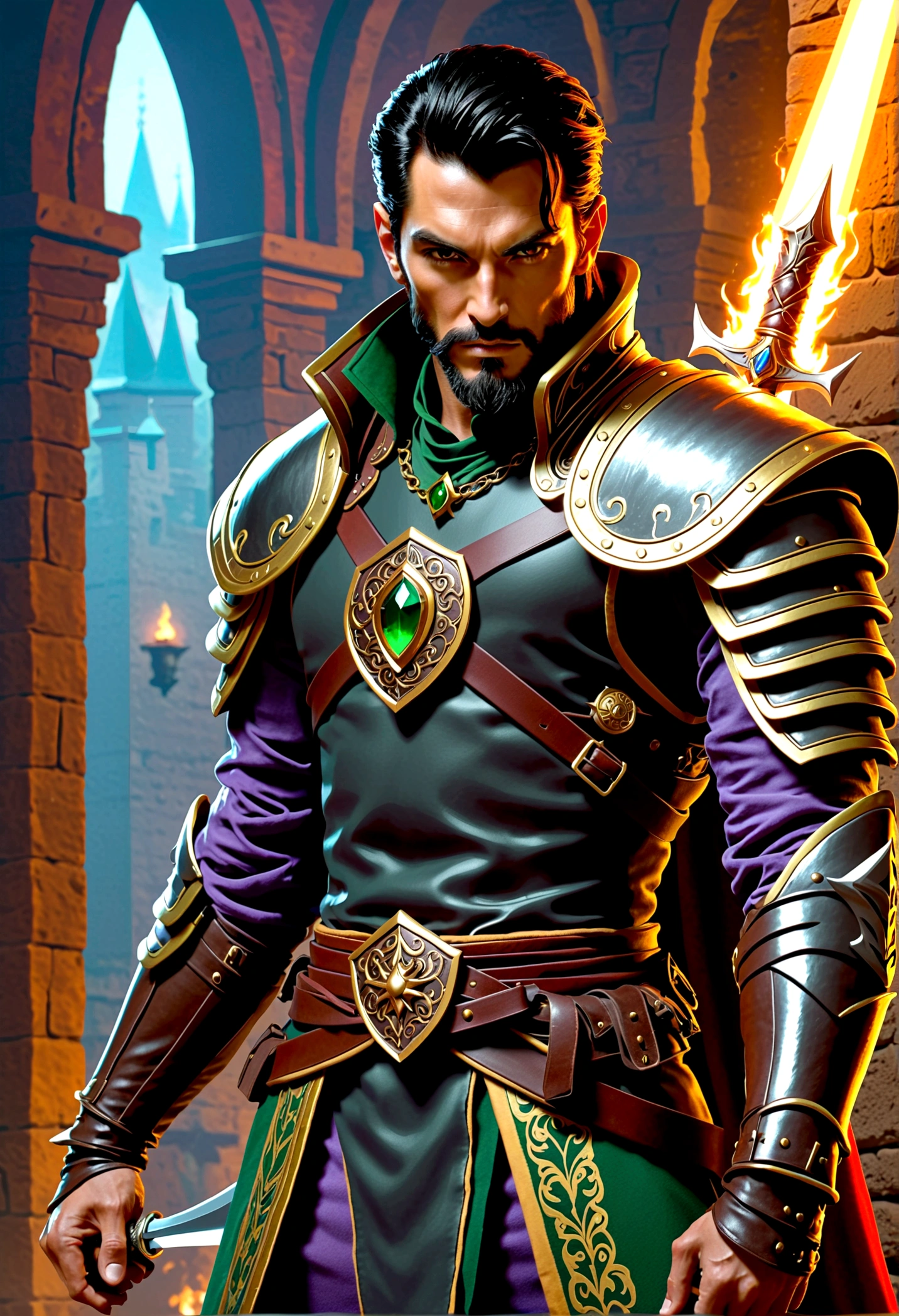 dungeons and dragons npc, dnd character, a man in his 50s who is tall and fit. He has dark, slicked-back hair and a sharp-featured face that exudes charisma. His eyes shine with intelligence and brightness. he is dressed in flashy, expensive clothing, but underneath, he conceals leather armor and poisonous daggers, hinting at his dark side. As a character, he is a charismatic, manipulative, and ruthless leader, with a cool-headed and calculating demeanor. Despite his composed exterior, his deepest motivations are driven by revenge and a quest for justice, ((dnd rogue)), (paladin of rogue goddess)
