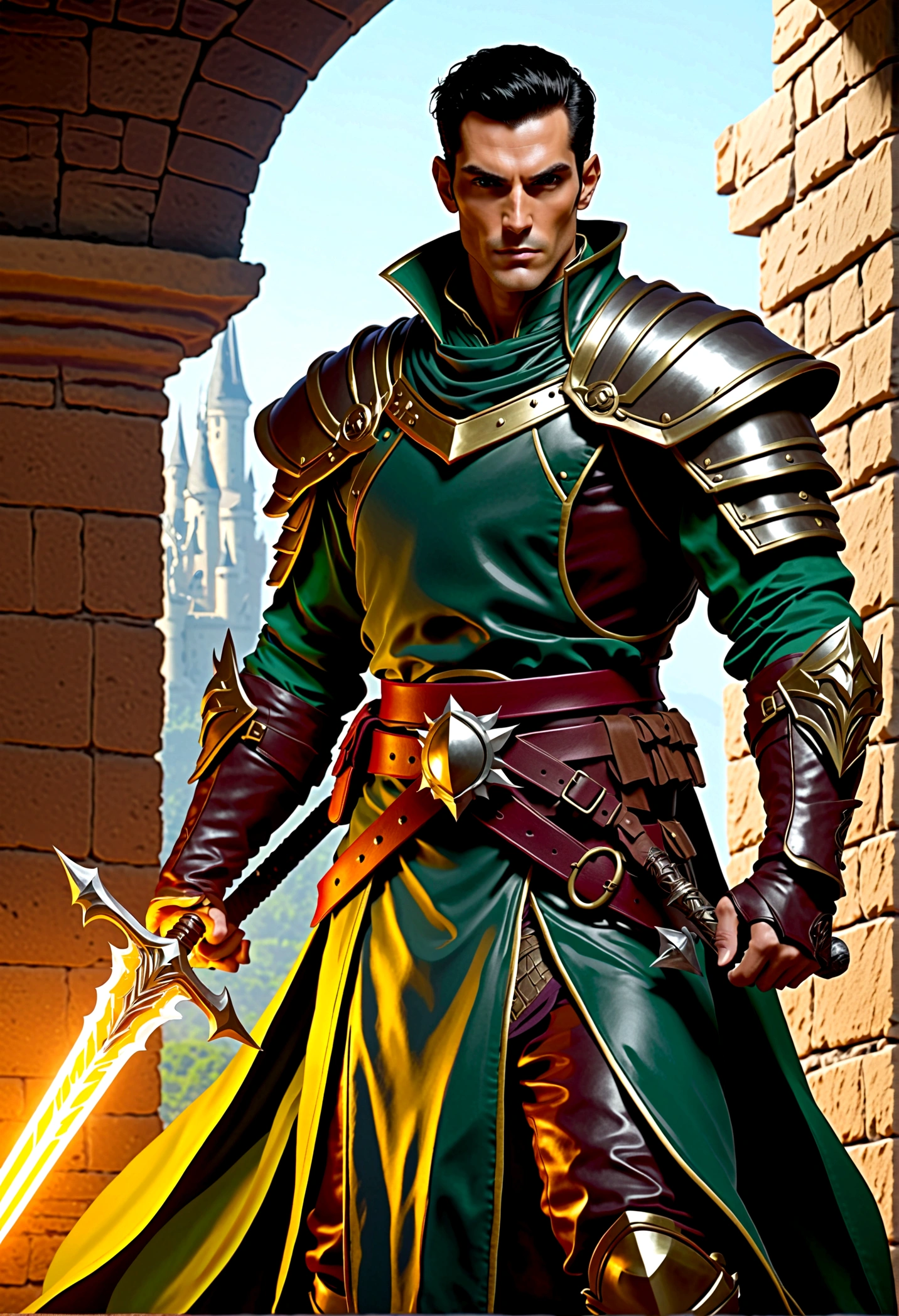 dungeons and dragons npc, dnd character, a man in his 50s who is tall and fit. He has dark, slicked-back hair and a sharp-featured face that exudes charisma. His eyes shine with intelligence and brightness. he is dressed in flashy, expensive clothing, but underneath, he conceals leather armor and poisonous daggers, hinting at his dark side. As a character, he is a charismatic, manipulative, and ruthless leader, with a cool-headed and calculating demeanor. Despite his composed exterior, his deepest motivations are driven by revenge and a quest for justice, ((dnd rogue)), (paladin of rogue goddess)
