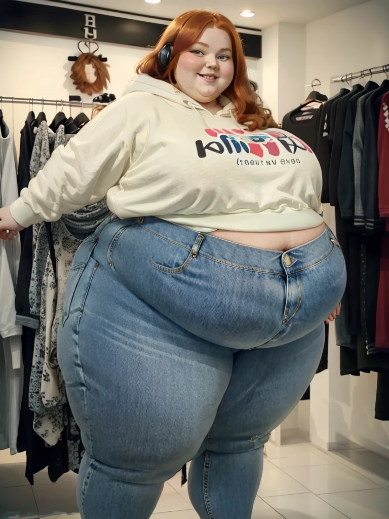 A happy photo of a young beautiful redhead ssbbw with long wavy ginger hair soft fat belly, very wide fat obese hips, thick fat wide legs and fat arms, cute pretty face, small breasts, blue eyes, freckles, in a cute covering hoodie and jeans, in a clothes shop