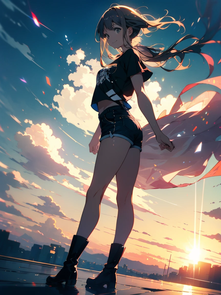 (Highest quality、masterpiece、High resolution、detailed)、(Shining Eyes、detailed美しい顔)、1 Girl、(T-Shirts,Shorts),smile,short boots,outskirts、Slope background、Beautiful Anime