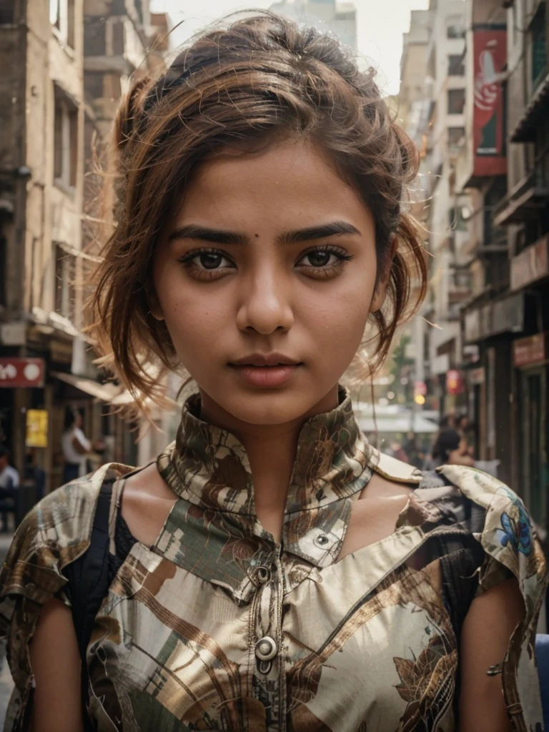 Pakistani girl in the park sitting on bench, trees