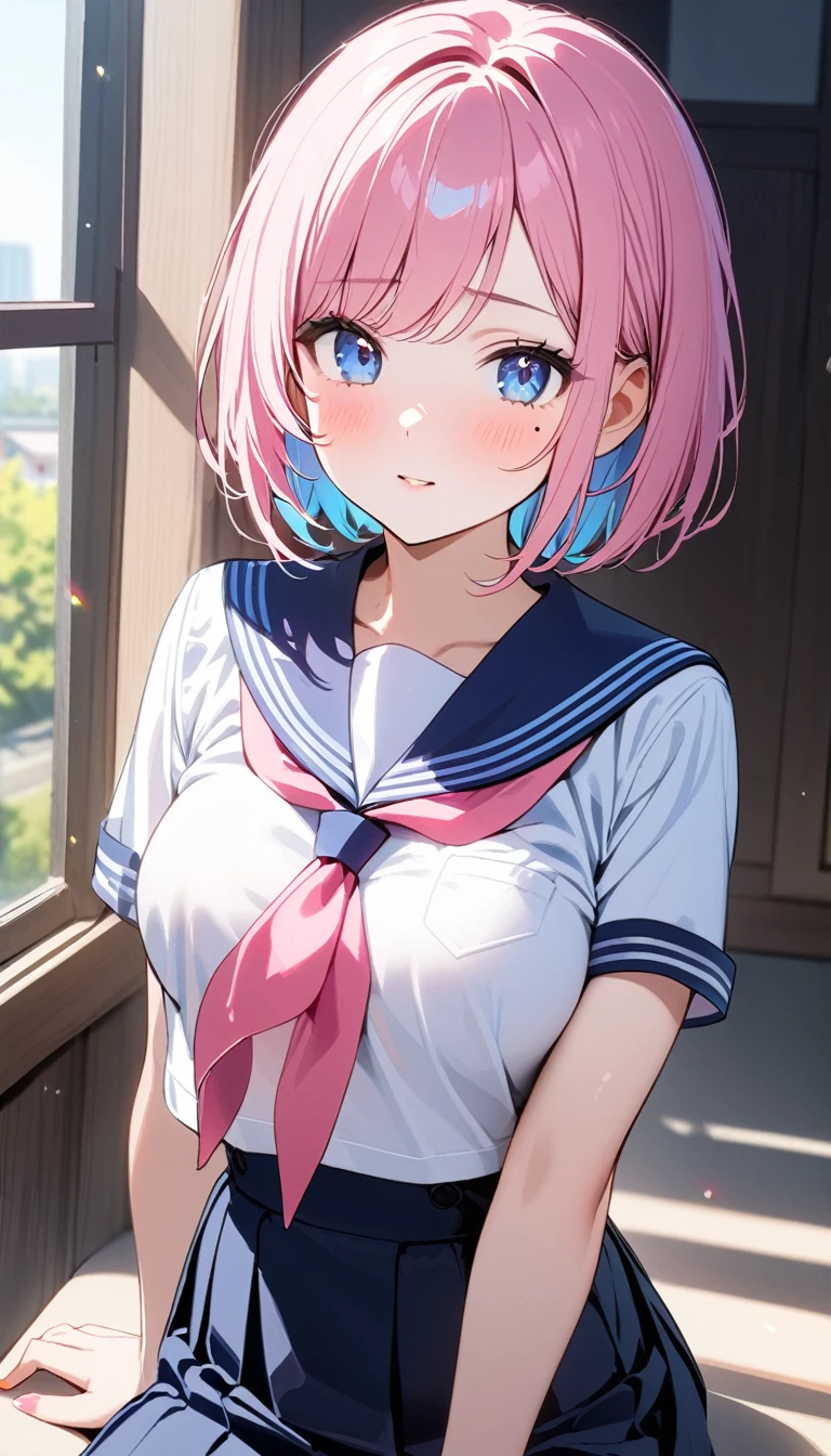 (1 girl),(Best Picture Quality, 8K, Masterpiece:1.3), (high school student:1.5), (pink lob hair:1.1), [skyblue hair:0.1], (bob cut),(swept bangs), (cute eyes, pupil black, iris skyblue, youthful face), (mole under right eye), (standard weight), (medium breasts), (glistening skin:1.1),(pale skin:1.2), ((serafuku, white sailor short sleeve simple shirt, darkblue skirt, darkblue sailor collar, pink ribbon)).