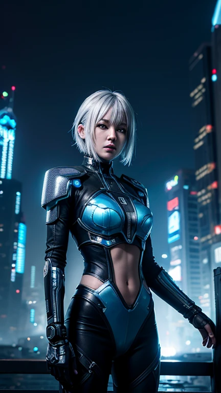 Cyberpunk female character in a futuristic ruin city setting. short silver hair, blue eyes. Wearing partial cybernetic shiny silver armor with glowing blue accents. Urban night background with pop smoke in Asian characters. Highly detailed digital art style with dramatic lighting.