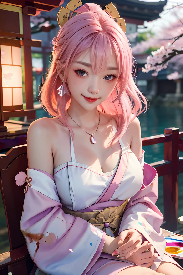 1girll, (Ulzzang-6500:0.7), Kpop idol, Yae Miko, Detached sleeves, Bare shoulders, Pink hair, Long hair, Japanese clothes, Best quality, (Painting:1.5), (hair adornments:1.35), jewelry, Purple eyes, Earrings, Breasts, Torii, Cherry blossoms, Lantern light, Depth of field, Detailed face, Face focus, ribbon_Trim, (view the viewer:1.25), nontraditional miko, Shiny skin, Long sleeves, Smiling, Thick lips, Game CG, hands on lips, east asian architecture, (The background is blurred out:1.2), Sitting, Upper body,