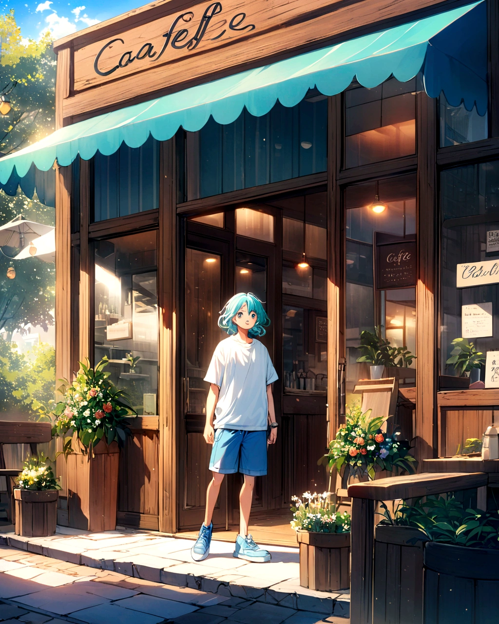 A vibrant anime-style illustration featuring a cheerful boy with short, flowing hair that transitions from black to white at the tips. He is wearing a light blue oversized t-shirt, blue shorts, and light blue sneakers. Another boy with slightly longer hair in a similar black-to-white gradient is standing beside him, wearing a white t-shirt and blue jeans. They are joyfully jumping in front of a cozy, modern cafe with a blue exterior and wooden elements. The cafe has a sign with cursive writing above the door and an inviting interior with warm lighting and wooden furniture. The scene is set on a sunny day with lush green plants around the entrance, creating a bright and lively atmosphere.