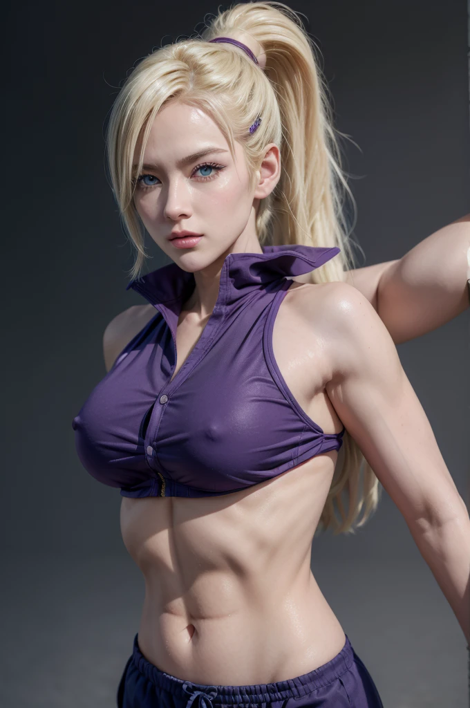 Ino from naruto, realistic, age 25, pure white skin, blue pupils, blonde ponytail hair, side fall hair, front button purple cropped ninja jacket, perfect face, perfect shape body, above large breasts, clothes covered upper body, 3d .