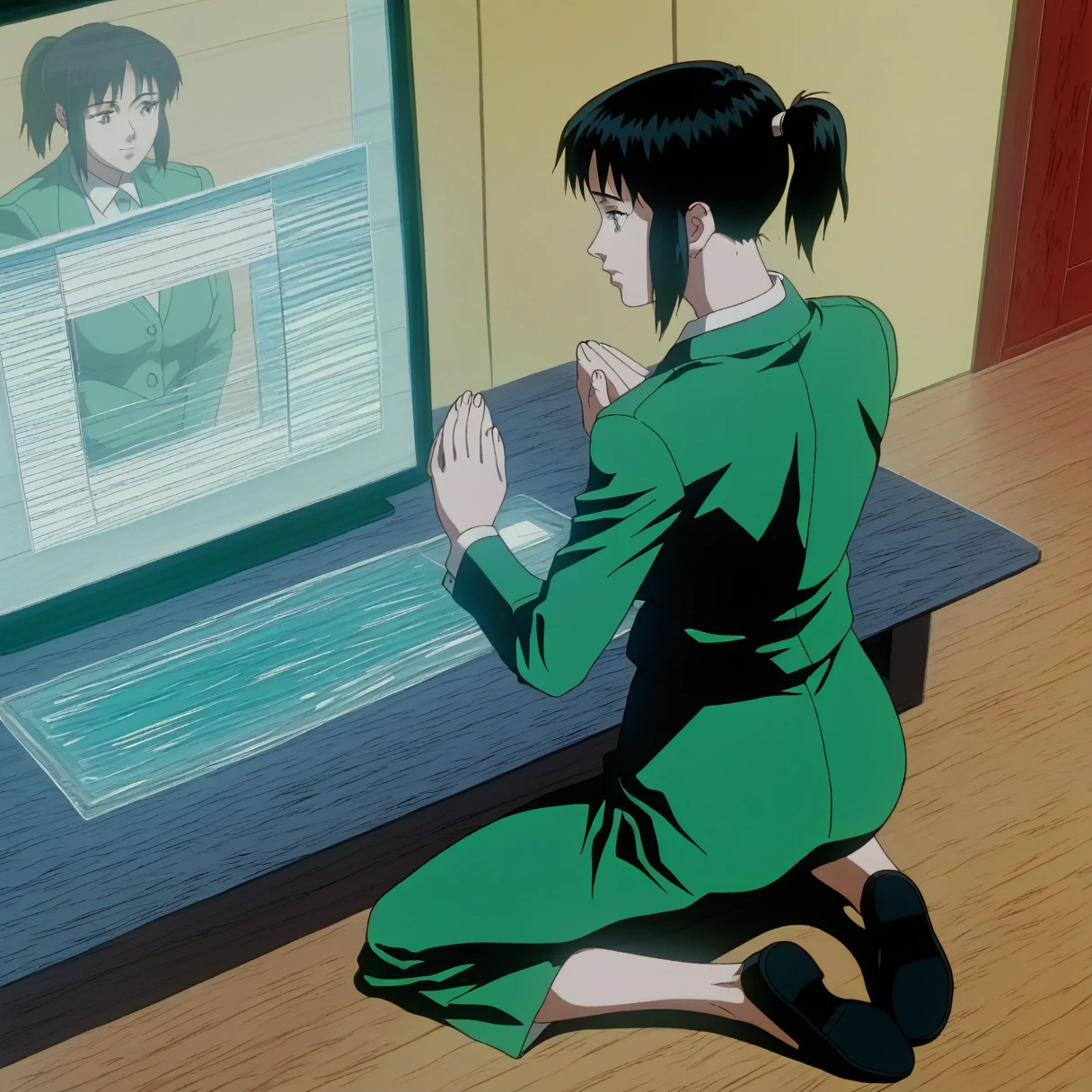 score_9,sauce_anime,One girl,alone,Looking back,,I am praying,Association,Green Business Suit,Black,Short Ponytail,Strobe light,screen reflection,Kneeling