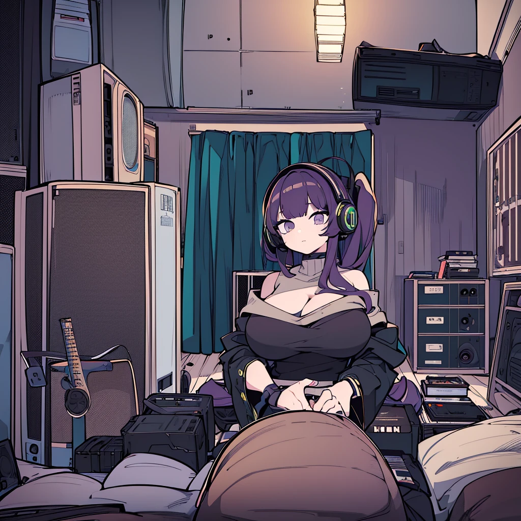 Best quality, (masterpiece), best detail face,1 girl, big breasts, 18 yo, 8k,absurdres,unity 8k wall paper,(extremely detailed:1.3), highest realistic, (retro headphones:), Her room full of music equipment and records, Light clothing, she is lazy, See the whole room, She is leaving the room, dark purple color palette
