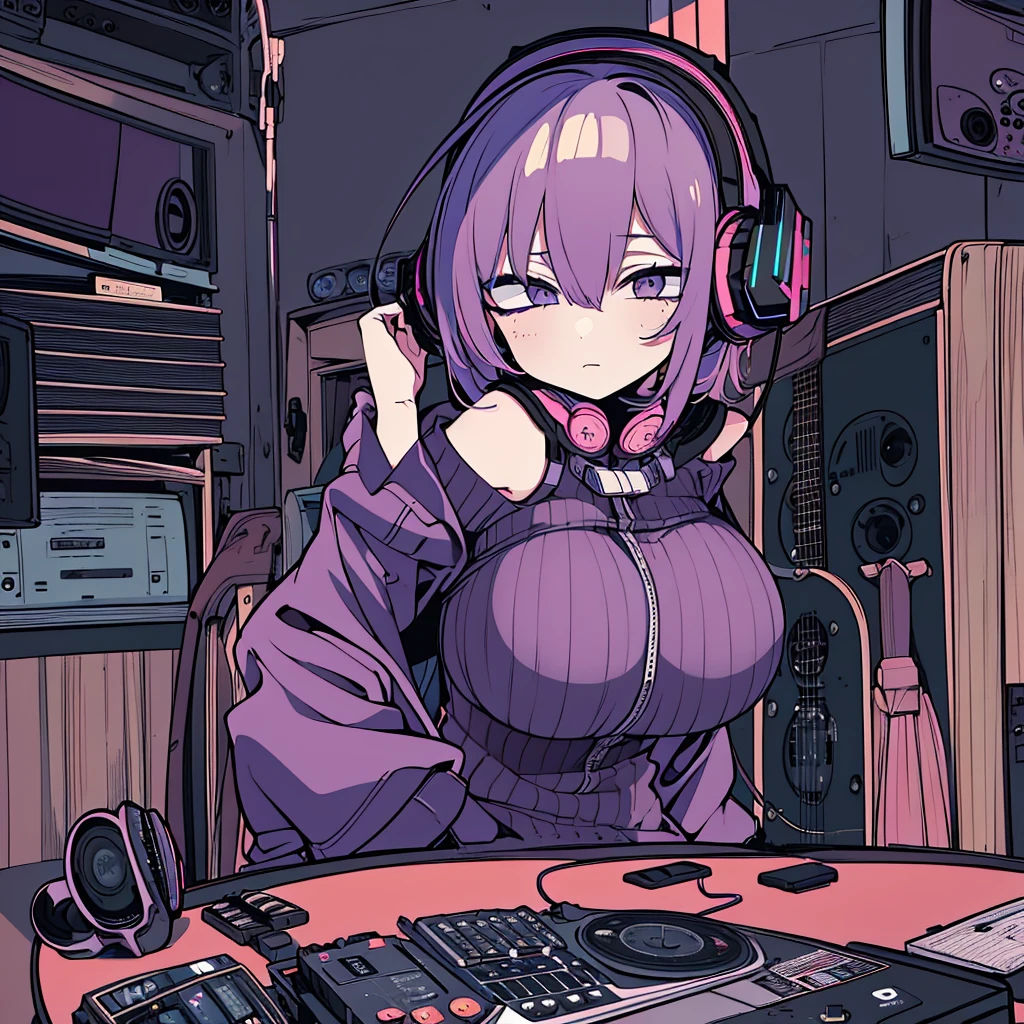 Best quality, (masterpiece), best detail face,1 girl, big breasts, 18 yo, 8k,absurdres,unity 8k wall paper,(extremely detailed:1.3), highest realistic, (retro headphones:), Her room full of music equipment and records, Light clothing, she is lazy, See the whole room, She is leaving the room, dark purple color palette