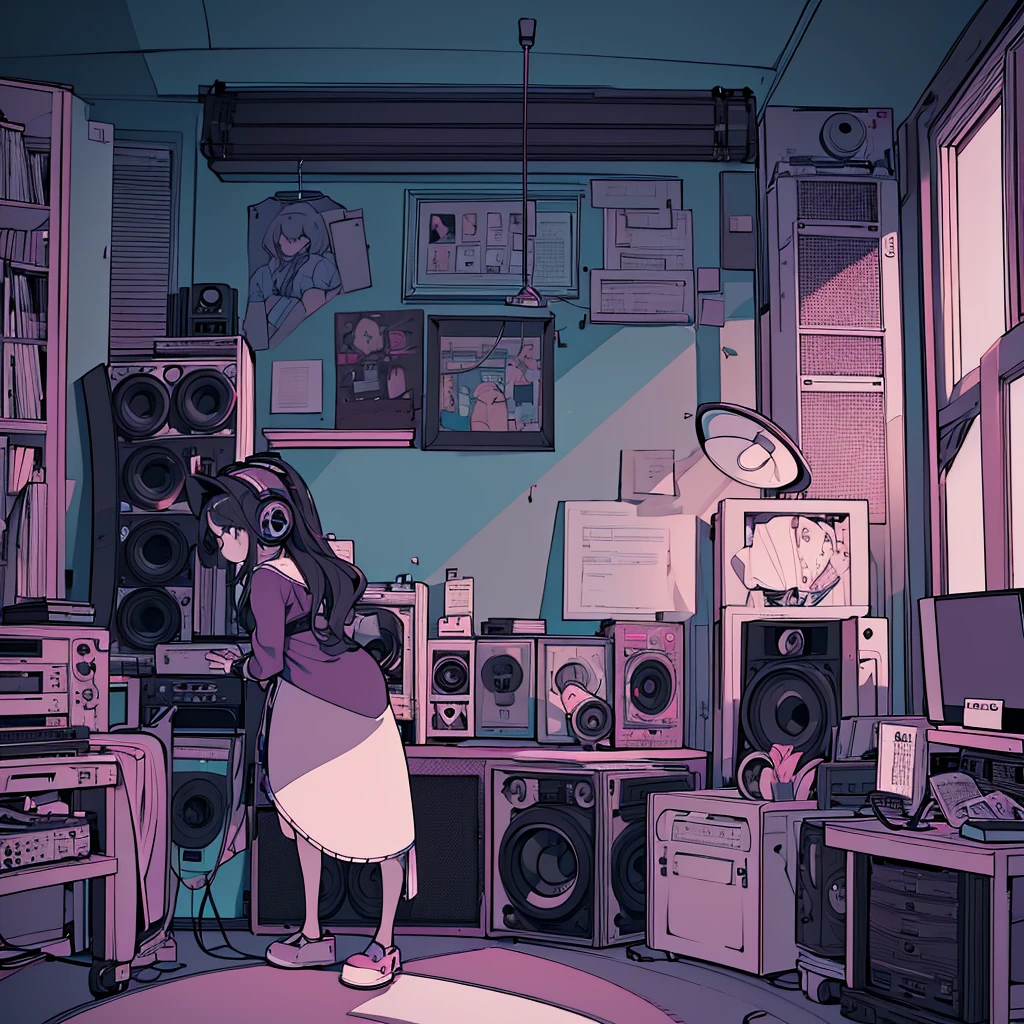 Best quality, (masterpiece), best detail face,1 girl, big breasts, 18 yo, 8k,absurdres,unity 8k wall paper,(extremely detailed:1.3), highest realistic, (retro headphones:), Her room full of music equipment and records, Light clothing, she is lazy, See the whole room, She is leaving the room, dark purple color palette