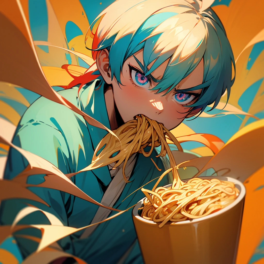 anime man angrily eating noodles from a cup, hallucinating, multiple colors