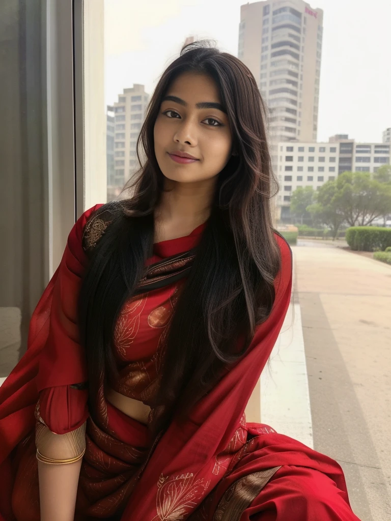 lovely cute young attractive indian teenage girl, big city girl, 18 years old, cute, an Instagram model, long black_hair, colorful hair, hot, dacing, wear red suit salwar,Indian