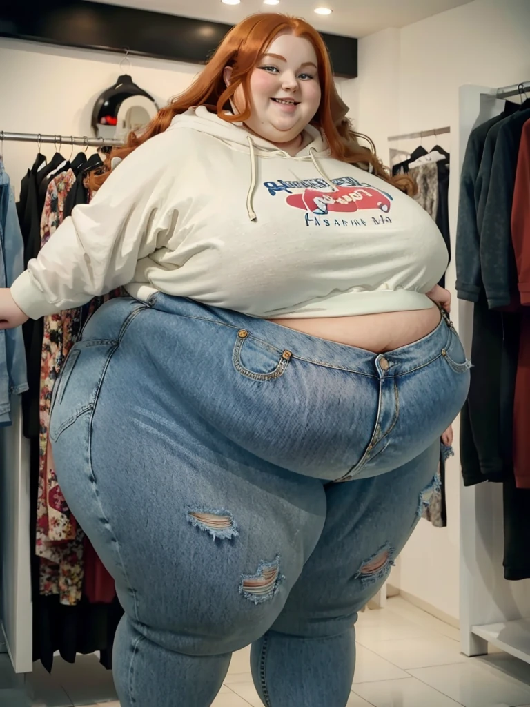 A happy photo of a young beautiful redhead ssbbw with long wavy ginger hair soft fat belly, very wide fat obese hips, thick fat wide legs and fat arms, cute pretty face, small breasts, blue eyes, freckles, in a cute covering hoodie and jeans, in a clothes shop