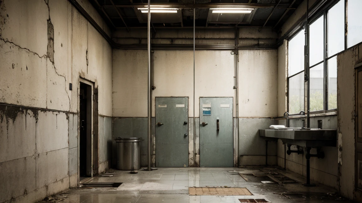 Abandoned factory shower room, cool tone, realistic, high quality