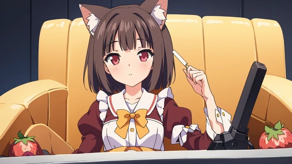 1 girl, Alone, Brown hair, animal ears, cola, cat ears, cat cola, bow, old, two sides up, long sleeves, maid headvestido, Bell, jingle Bell, food, short hair, short dress mini skirt, small old, puffy sleeves, bowtie, cat girl, steering wheels, juliet sleeves, animal ear fluff, hits, apron, hair bow, clothing trimming, strawberry, blush, clavicle