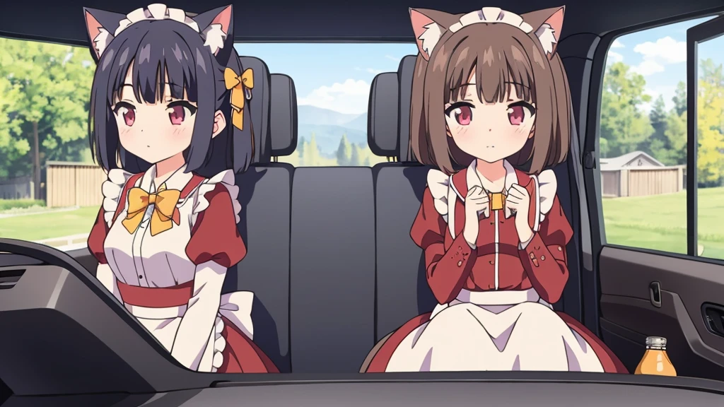 1 girl, Alone, Brown hair, animal ears, cola, cat ears, cat cola, bow, old, two sides up, long sleeves, maid headvestido, Bell, jingle Bell, food, short hair, short dress mini skirt, small old, puffy sleeves, bowtie, cat girl, steering wheels, juliet sleeves, animal ear fluff, hits, apron, hair bow, clothing trimming, strawberry, blush, clavicle