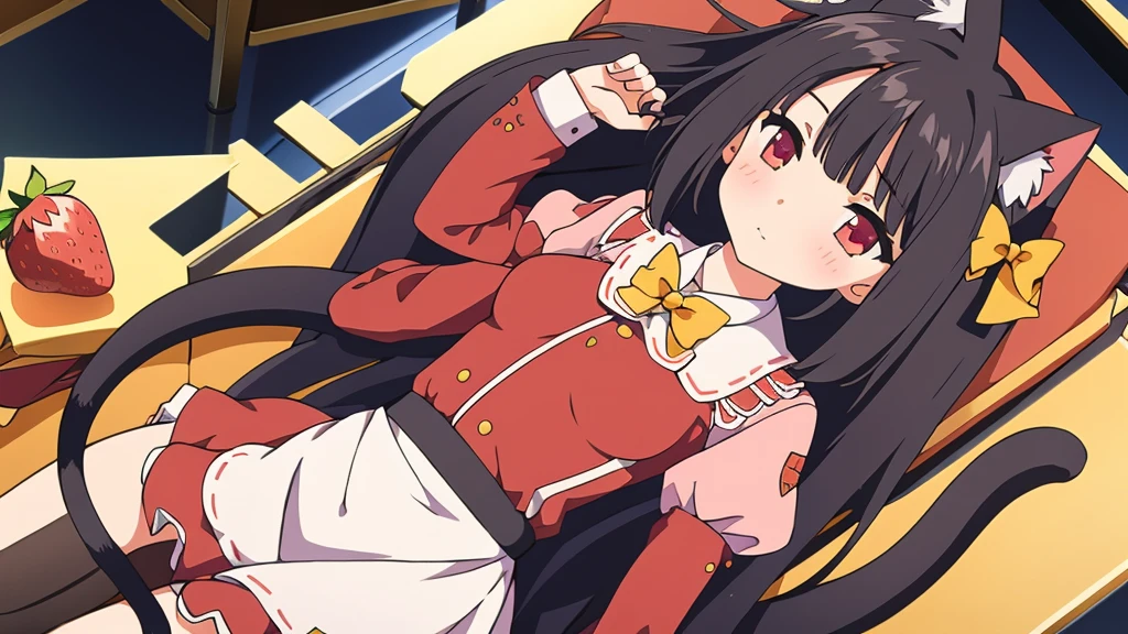 1 girl, Alone, Brown hair, animal ears, cola, cat ears, cat cola, bow, old, two sides up, long sleeves, maid headvestido, Bell, jingle Bell, food, short hair, short dress mini skirt, small old, puffy sleeves, bowtie, cat girl, steering wheels, juliet sleeves, animal ear fluff, hits, apron, hair bow, clothing trimming, strawberry, blush, clavicle