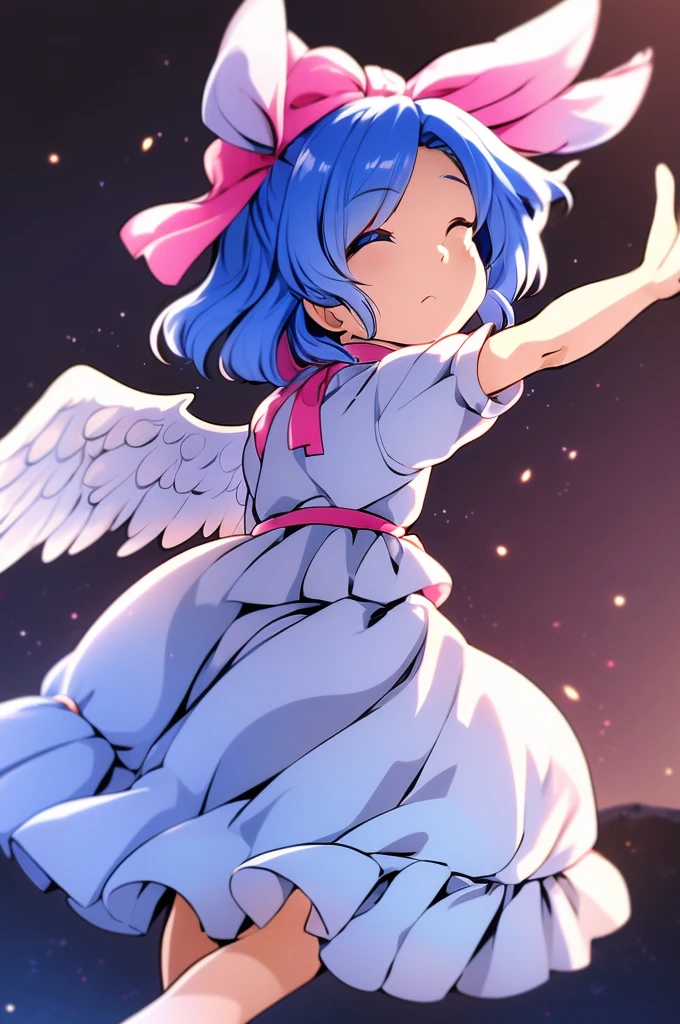 masterpiece, best quality, 1girl, , , 10 years old, medium blue hair, hair flaps, pink ribbon on head, well-formed face, blue eyes, angel girl, white blouse, puffy short sleeves, red ribbon, angel wings, long white skirt, red shoes, frills, ribbon head, from behind, to lift up one’s skirt, cowboy shot, from front, standing , raise one leg, crossed arms, arms up behind, arms behind back, hand between legs, put hands hip, one hand on hip, forward hands, arms raised in the air, punch hands, peace sign, waving, put up index finger, sit, lie down, closed eyes, lie face down, looking back, put one hand chest, leaning forward, cleavage, close up, horizontally outstretched arms, horizontally outstretched legs, front view, front face