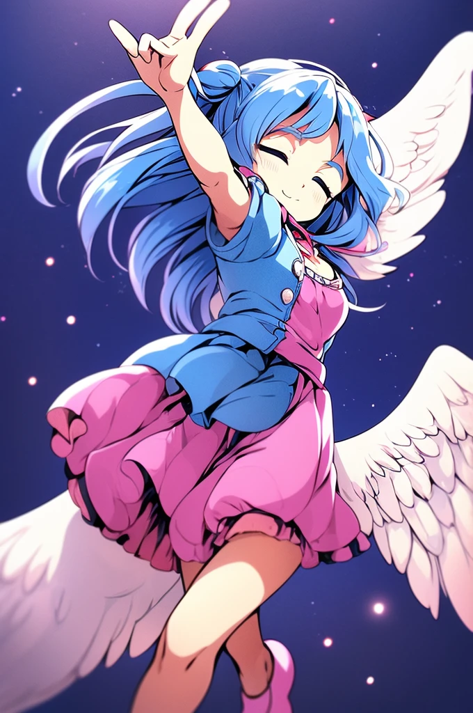 masterpiece, best quality, 1girl, , , 10 years old, medium blue hair, hair flaps, pink ribbon on head, well-formed face, blue eyes, angel girl, white blouse, puffy short sleeves, red ribbon, angel wings, long white skirt, red shoes, frills, ribbon head, from behind, to lift up one’s skirt, cowboy shot, from front, standing , raise one leg, crossed arms, arms up behind, arms behind back, hand between legs, put hands hip, one hand on hip, forward hands, arms raised in the air, punch hands, peace sign, waving, put up index finger, sit, lie down, closed eyes, lie face down, looking back, put one hand chest, leaning forward, cleavage, close up, horizontally outstretched arms, horizontally outstretched legs, front view, front face