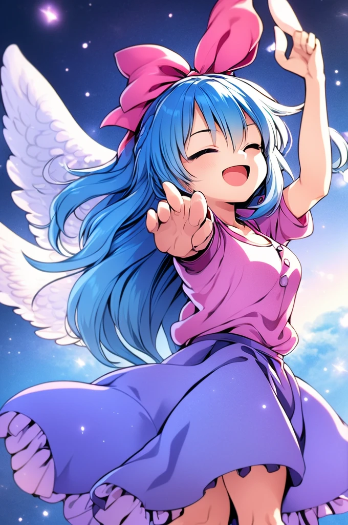 masterpiece, best quality, 1girl, , , 10 years old, medium blue hair, hair flaps, pink ribbon on head, well-formed face, blue eyes, angel girl, white blouse, puffy short sleeves, red ribbon, angel wings, long white skirt, red shoes, frills, ribbon head, from behind, to lift up one’s skirt, cowboy shot, from front, standing , raise one leg, crossed arms, arms up behind, arms behind back, hand between legs, put hands hip, one hand on hip, forward hands, arms raised in the air, punch hands, peace sign, waving, put up index finger, sit, lie down, closed eyes, lie face down, looking back, put one hand chest, leaning forward, cleavage, close up, horizontally outstretched arms, horizontally outstretched legs, front view, front face