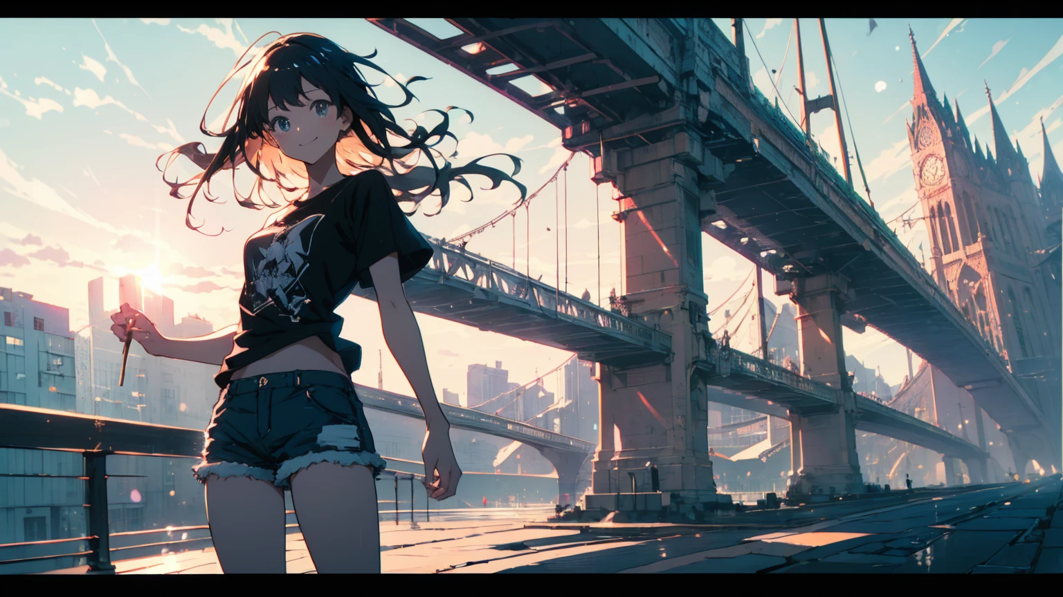 (Highest quality、masterpiece、High resolution、detailed)、(Shining Eyes、detailed美しい顔)、1 Girl、(T-Shirts,Shorts),smile,short boots,outskirts、Slope background、Beautiful Anime