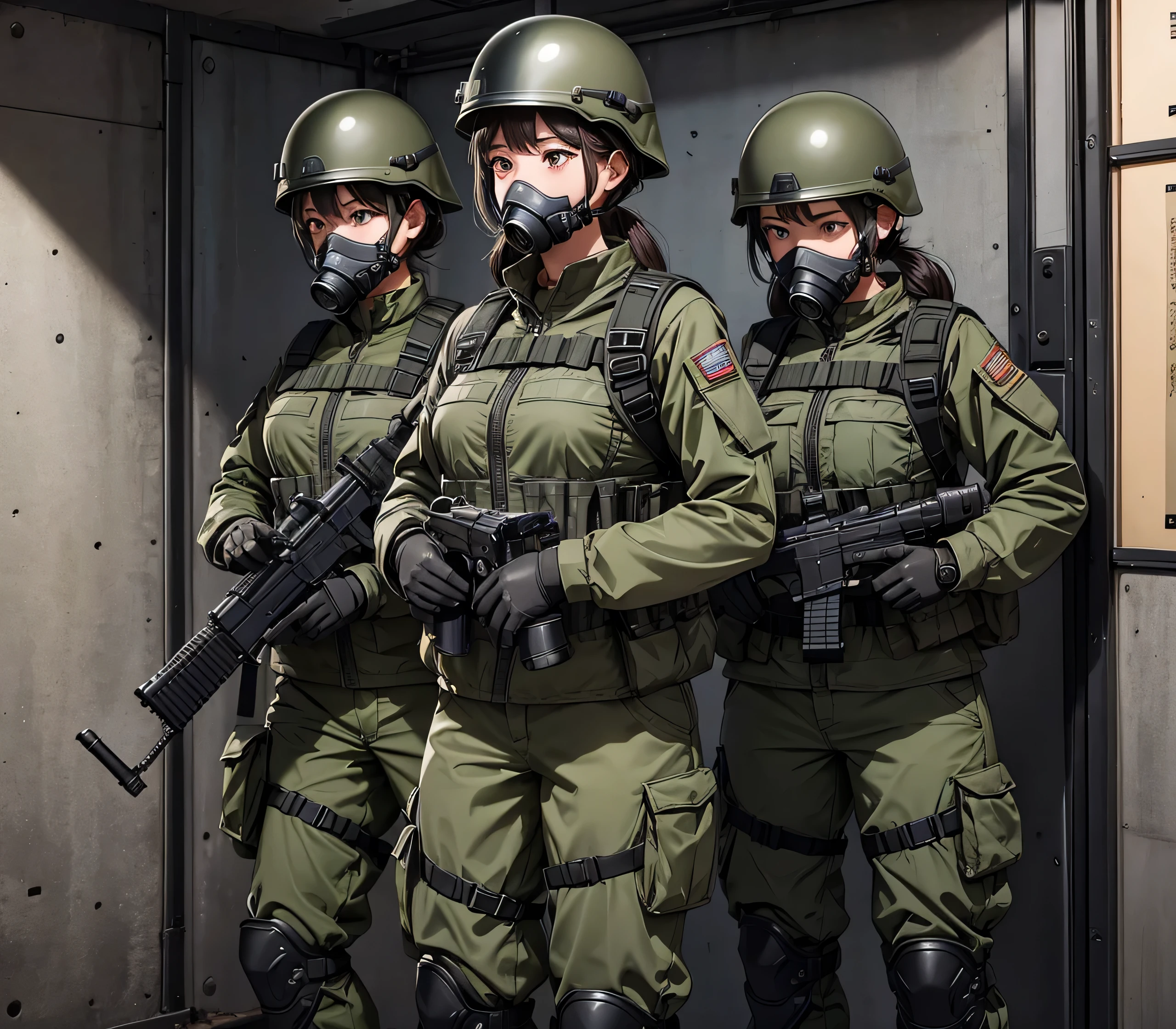 A group of female special forces soldiers wearing gas masks、Put on a helmet、Wearing M-51 military uniform、Show only the upper thigh area、Investigate in the basement、Write details、masterpiece、best quality、Highly detailed CG、8K picture quality