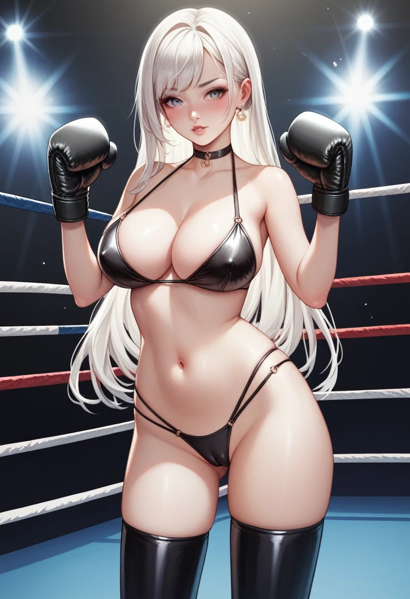 A slim Korean beauty,Good shape,Pretty Face,detailed picture, blush,White long hair,Wearing a bikini,Wearing black suspender stockings,high-heel boots,Wearing black boxing gloves,Standing alone in the boxing ring,Large Breasts,Cleavage,Thin legs,nipple,Camel toe