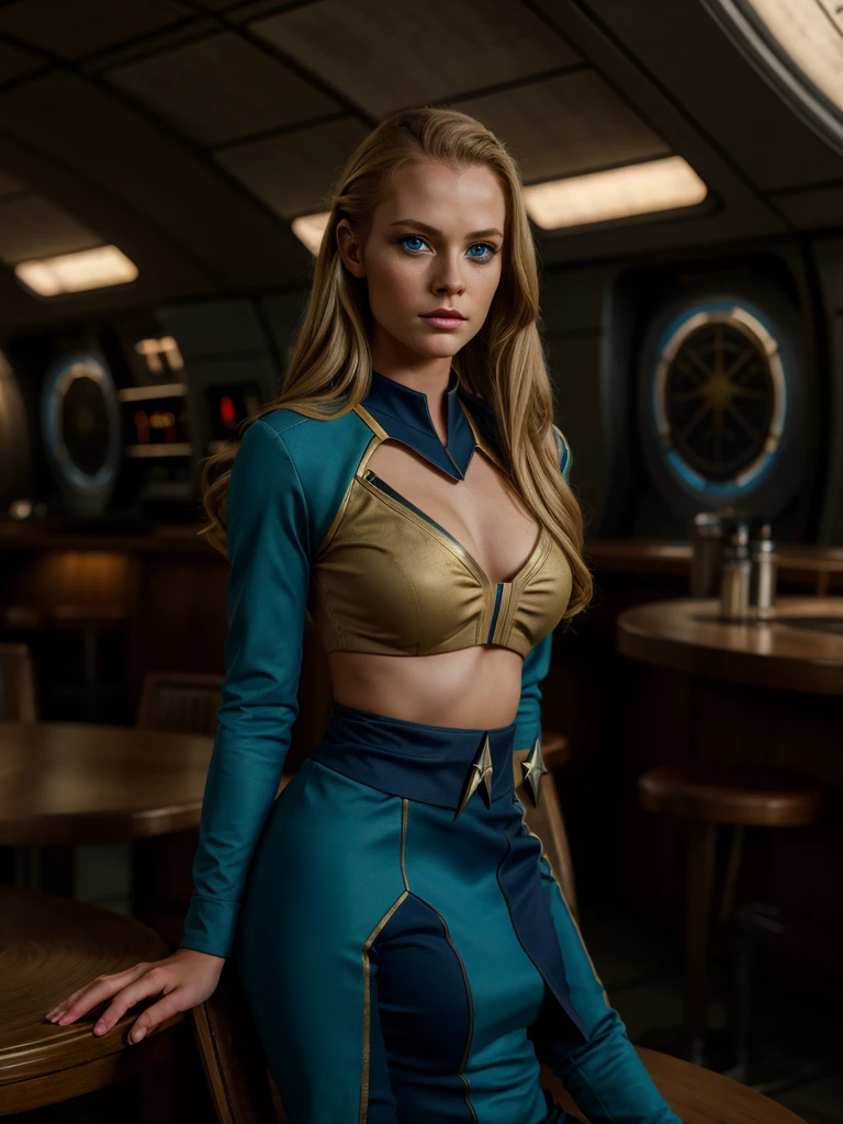 Beautiful Young Woman wear a Star Trek Uniform, sitting on chair on Enterprise cantina, Blond Hair, Blue Eyes, perfect Skin, Perfect Body, Perfect Face, masterpiece, 8k. Sublime Light, rimlight 