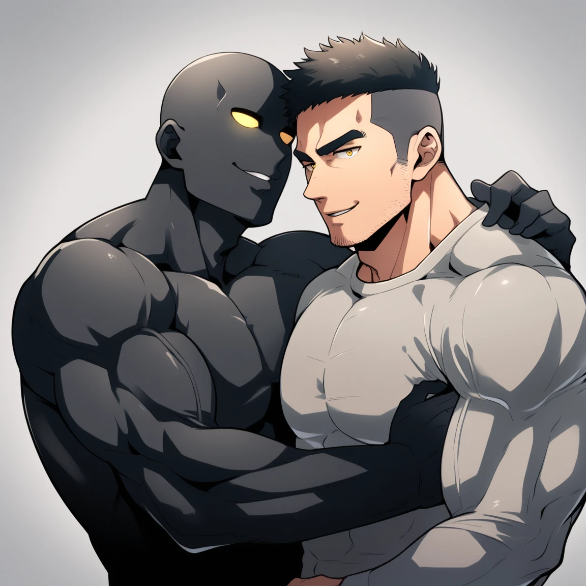 anime characters:Two superheroes in tights, Muscle Sports Student and Muscle No Face No Eyes skinhead superhero, No Face,negro black skin, They hugged and kissed each other, Bite your neck, Caress, Manliness, male focus, Dark black high collar long sleeve tight T-shirt, Slightly transparent material, Very tight, Round, full and perky chest muscles, Muscle waist, Slightly transparent, muscular male, muscular, only, Upper body, alone, Black short hair, Thick eyebrows, stubble, Yellow eyes, Grey background, simple background, amazing quality, best aesthetics, Ridiculous, bright pupils, crew cut, parted lips, seductive smile, torogao, naughty face, drop shadow, best quality