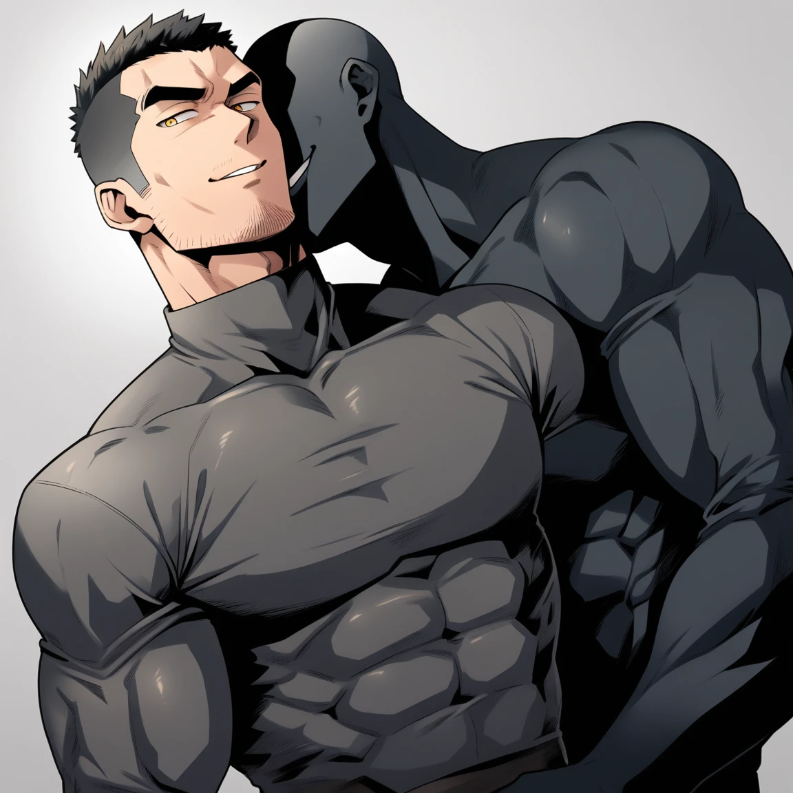 anime characters：Two superheroes in tights, Muscle Sports Student and Muscle No Face No Eyes skinhead superhero, No Face，negro black skin, They hugged and kissed each other, Bite your neck, Caress, Manliness, male focus, Dark black high collar long sleeve tight T-shirt, Slightly transparent material, Very tight, Round, full and perky chest muscles, Muscle waist, Slightly transparent, muscular male, muscular, only, Upper body, alone, Black short hair, Thick eyebrows, stubble, Yellow eyes, Grey background, simple background, amazing quality, best aesthetics, Ridiculous, bright pupils, crew cut, parted lips, seductive smile, torogao, naughty face, drop shadow, best quality