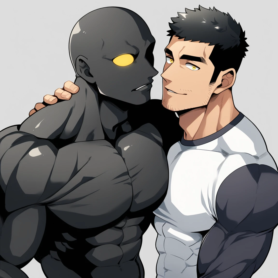 anime characters：Two superheroes in tights, Muscle Sports Student and Muscle No Face No Eyes skinhead superhero, No Face，negro black skin, They hugged and kissed each other, Bite your neck, Caress, Manliness, male focus, Dark black high collar long sleeve tight T-shirt, Slightly transparent material, Very tight, Round, full and perky chest muscles, Muscle waist, Slightly transparent, muscular male, muscular, only, Upper body, alone, Black short hair, Thick eyebrows, stubble, Yellow eyes, Grey background, simple background, amazing quality, best aesthetics, Ridiculous, bright pupils, crew cut, parted lips, seductive smile, torogao, naughty face, drop shadow, best quality
