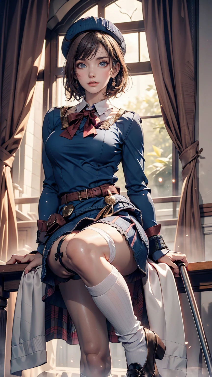 (iwanagadress:1.2), (Rock vine:0.9),(beret:1.8), Kotoko Iwanaga, One person, beret, black bow, blue skirt, bow, Brown footwear, Cane, dress, hair bow, Have, Holding, Holding Cane, Juliet Sleeve, Light brown hair, Long sleeve, View your viewers, petticoat, Puff sleeves, Purple eyes, short hair, skirt, alone, Thigh straps, Knee socks, white dress, White Hat, white Knee socks, Kyokou suiri