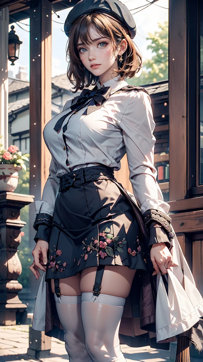 (iwanagadress:1.2), (Rock vine:0.9),(beret:1.8), Kotoko Iwanaga, One girl, beret, black bow, blue skirt, bow, Brown footwear, Cane, dress, hair bow, Have, Holding, Holding Cane, Juliet Sleeve, Light brown hair, Long sleeve, View your viewers, petticoat, Puffy sleeves, Purple eyes, short hair, skirt, alone, Thigh straps, Knee socks, white dress, White Hat, white Knee socks, Kyokou suiri