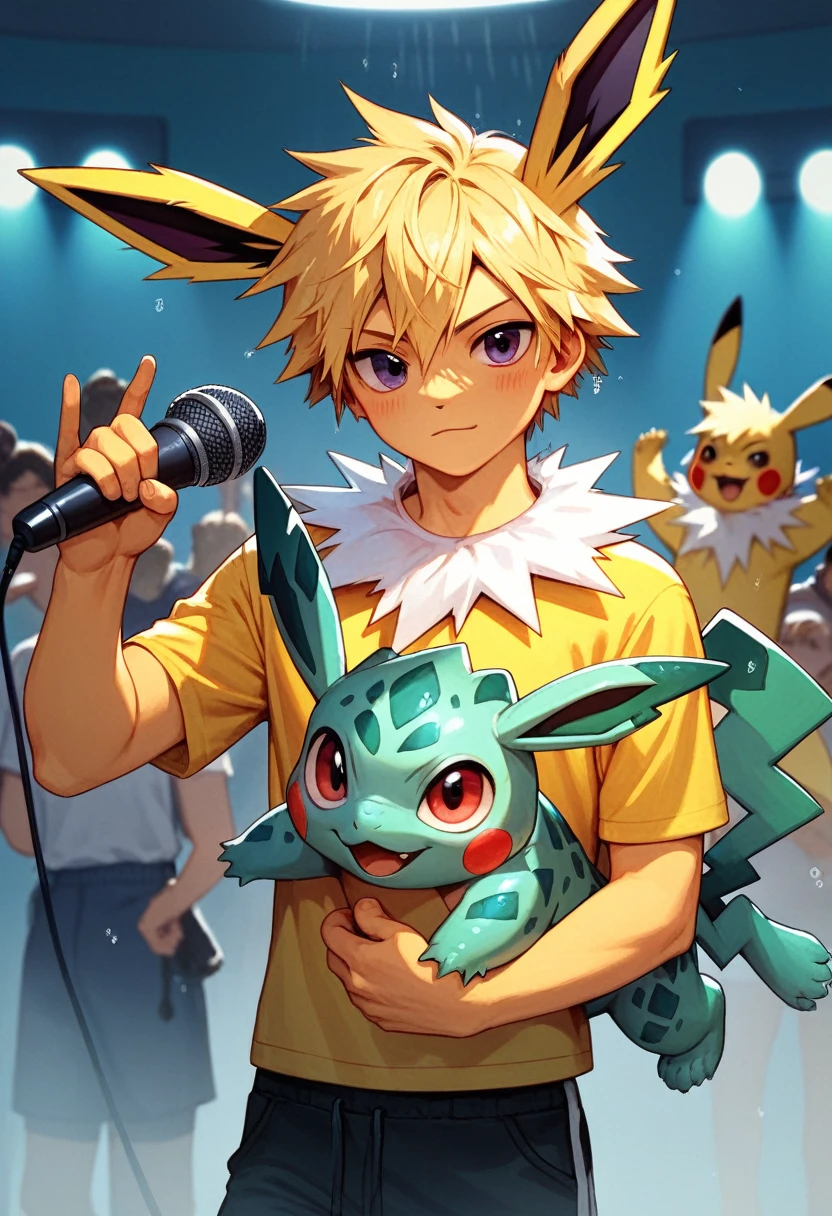 Steve Irwin, 1 boy, Male Focus, Blonde, Holding, Holding a microphone speaking to a crowd, pikachu, Showers, Jolteon and Bulbasaur on his shoulders, At the Pokémon Gym, Specular Highlights, Detailed face, Fine grain,