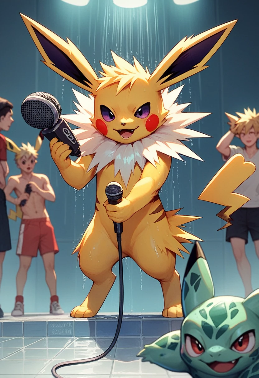 Steve Irwin, 1 boy, Male Focus, Blonde, Holding, Holding a microphone speaking to a crowd, pikachu, Showers, Jolteon and Bulbasaur on his shoulders, At the Pokémon Gym, Specular Highlights, Detailed face, Fine grain,
