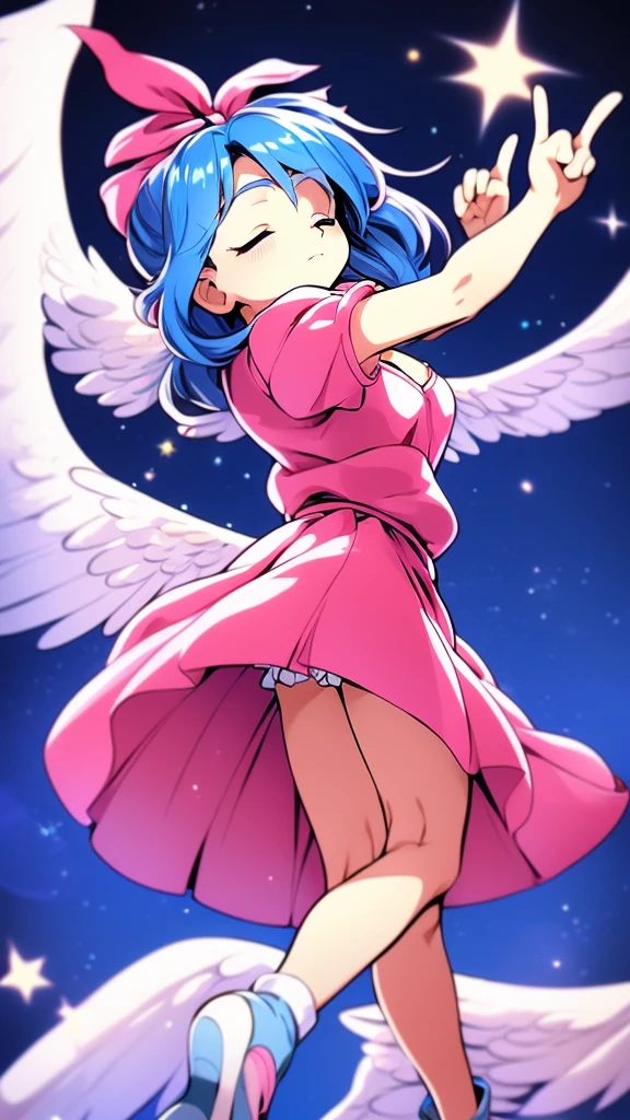 masterpiece, best quality, 1girl, , , , medium blue hair, hair flaps, pink ribbon on head, well-formed face, blue eyes, angel girl, white blouse, puffy short sleeves, red ribbon, angel wings, long white skirt, red shoes, frills, ribbon head, from behind, to lift up one’s skirt, cowboy shot, from front, standing , raise one leg, crossed arms, arms up behind, arms behind back, hand between legs, put hands hip, one hand on hip, forward hands, arms raised in the air, punch hands, peace sign, waving, put up index finger, sit, lie down, closed eyes, lie face down, looking back, put one hand chest, leaning forward, cleavage, close up, horizontally outstretched arms, horizontally outstretched legs, front view, front face