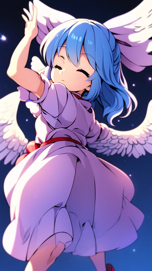 masterpiece, best quality, 1girl, , , 10 years old, medium blue hair, hair flaps, pink ribbon on head, well-formed face, blue eyes, angel girl, white blouse, puffy short sleeves, red ribbon, angel wings, long white skirt, red shoes, frills, ribbon head, from behind, to lift up one’s skirt, cowboy shot, from front, standing , raise one leg, crossed arms, arms up behind, arms behind back, hand between legs, put hands hip, one hand on hip, forward hands, arms raised in the air, punch hands, peace sign, waving, put up index finger, sit, lie down, closed eyes, lie face down, looking back, put one hand chest, leaning forward, cleavage, close up, horizontally outstretched arms, horizontally outstretched legs, front view, front face