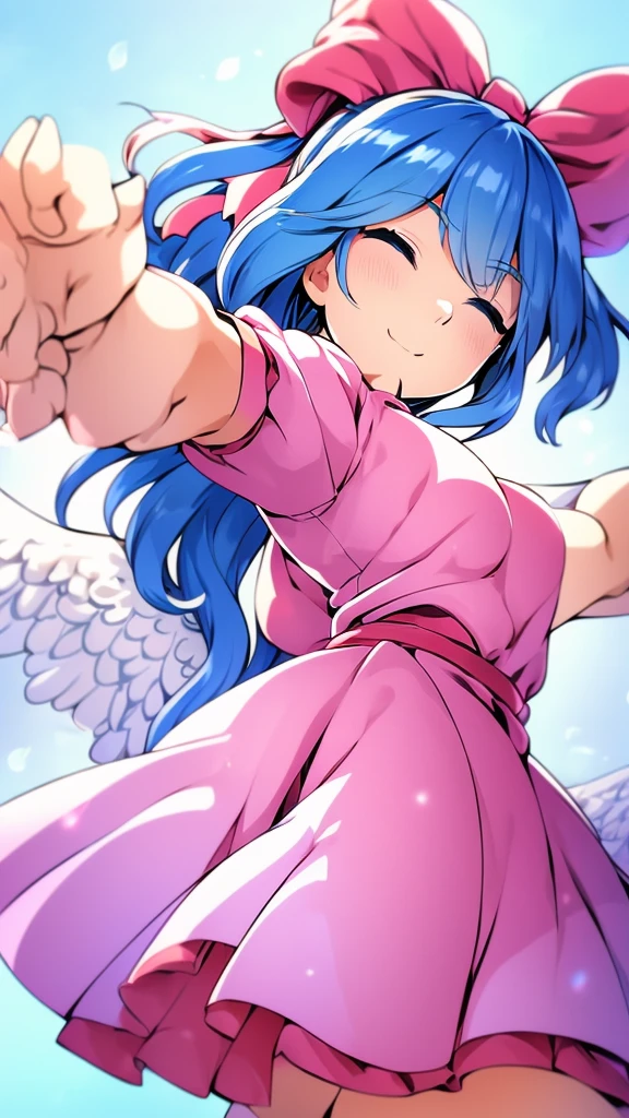 masterpiece, best quality, 1girl, , , , medium blue hair, hair flaps, pink ribbon on head, well-formed face, blue eyes, angel girl, white blouse, puffy short sleeves, red ribbon, angel wings, long white skirt, red shoes, frills, ribbon head, from behind, to lift up one’s skirt, cowboy shot, from front, standing , raise one leg, crossed arms, arms up behind, arms behind back, hand between legs, put hands hip, one hand on hip, forward hands, arms raised in the air, punch hands, peace sign, waving, put up index finger, sit, lie down, closed eyes, lie face down, looking back, put one hand chest, leaning forward, cleavage, close up, horizontally outstretched arms, horizontally outstretched legs, front view, front face