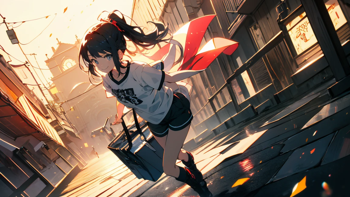 (Highest quality、masterpiece、High resolution、detailed)、(Shining Eyes、detailed美しい顔)、1 Girl、(T-Shirts,Shorts),smile,short boots,outskirts、Slope background、Beautiful Anime