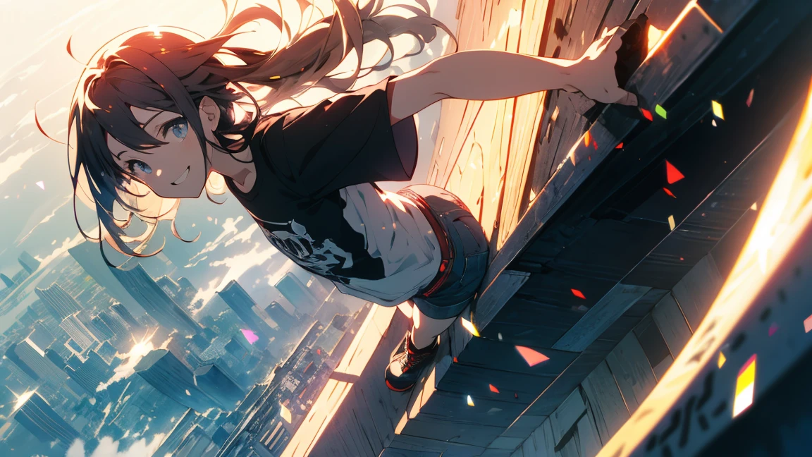 (Highest quality、masterpiece、High resolution、detailed)、(Shining Eyes、detailed美しい顔)、1 Girl、(T-Shirts,Shorts),smile,short boots,outskirts、Slope background、Beautiful Anime